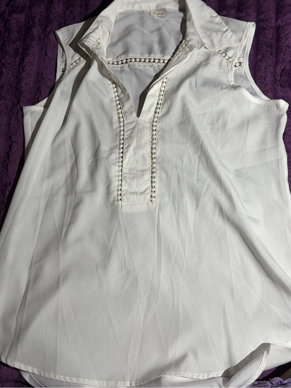 Sleeveless White Collared Lace-Trim Blouse - Women's Top